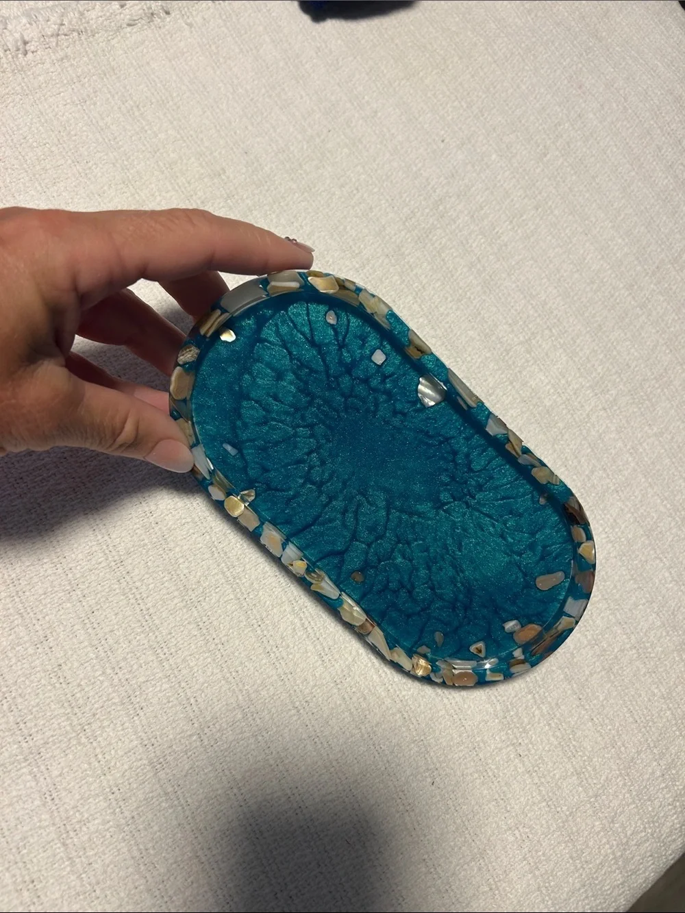 Handcrafted Teal Resin Jewelry Tray with Shell Inlay